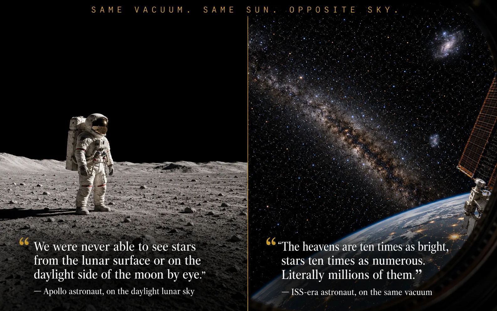 A side-by-side comparison of verbatim quotes: Apollo astronauts saying no stars were visible from the daylight lunar surface, and modern ISS-era astronauts saying space is so star-rich it can be seen through daylight, in the millions, with colour.