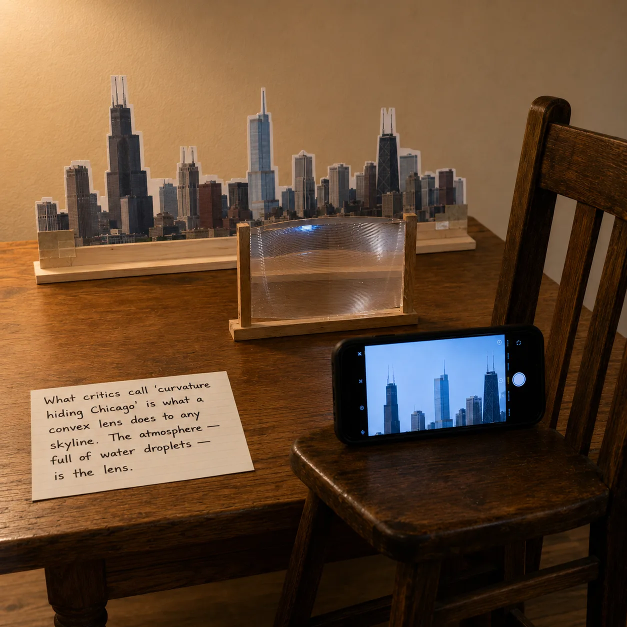 A tabletop demonstration of atmospheric lensing: a convex magnifying sheet held between the viewer and a printed skyline cutout, reproducing the lower-portion cropping critics attribute to curvature.