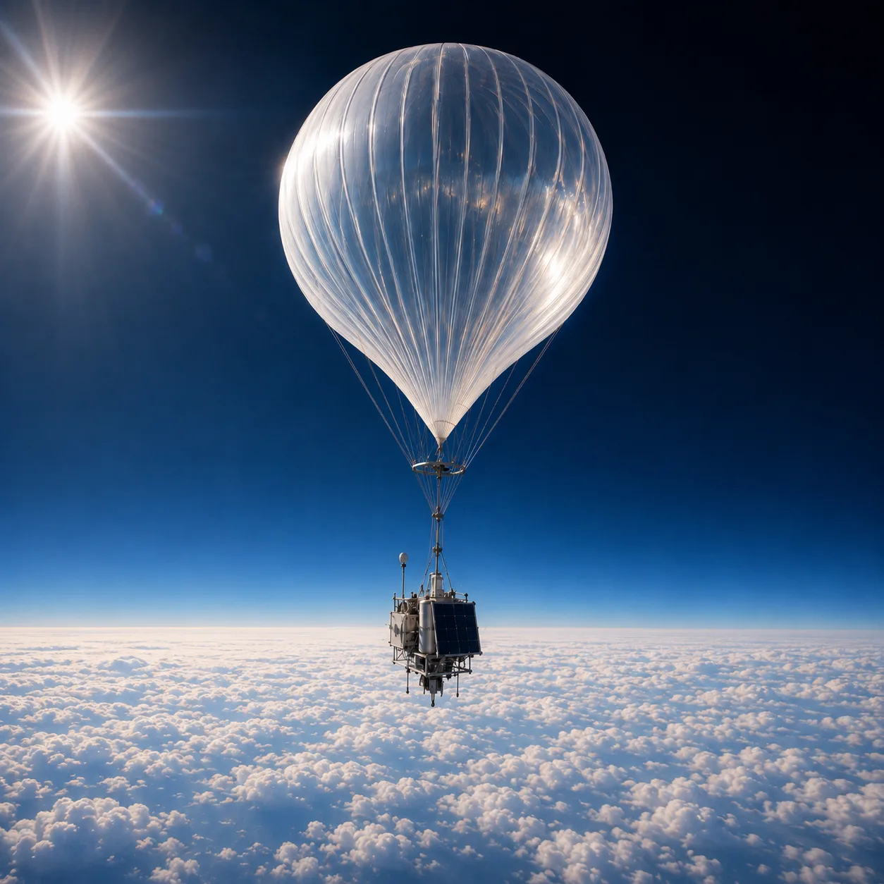 A balloon-borne instrument platform of the kind NASA's Scientific Balloon Program lofts to the upper atmosphere — a cubical payload with suspension cabling, solar panels, and antennae, visually almost indistinguishable from a satellite.