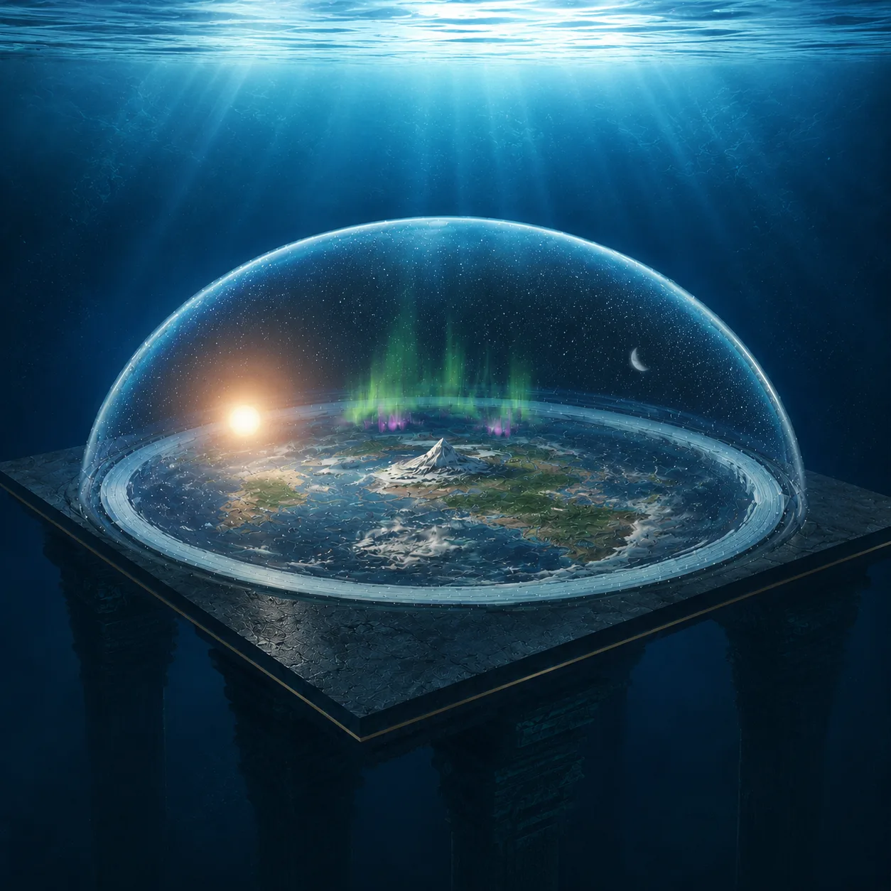 The enclosed biblical earth shown from a second angle: the level plane set on its foundations beneath the dome of the firmament, the waters above held back, the lights moving within — the cosmos as Scripture describes it.