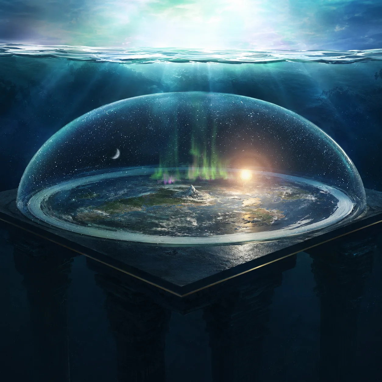 Cross-section of the enclosed biblical cosmology: an outstretched disc-earth, a domed firmament dividing the waters above from the waters below, the sun and stars contained within, and the foundations beneath.