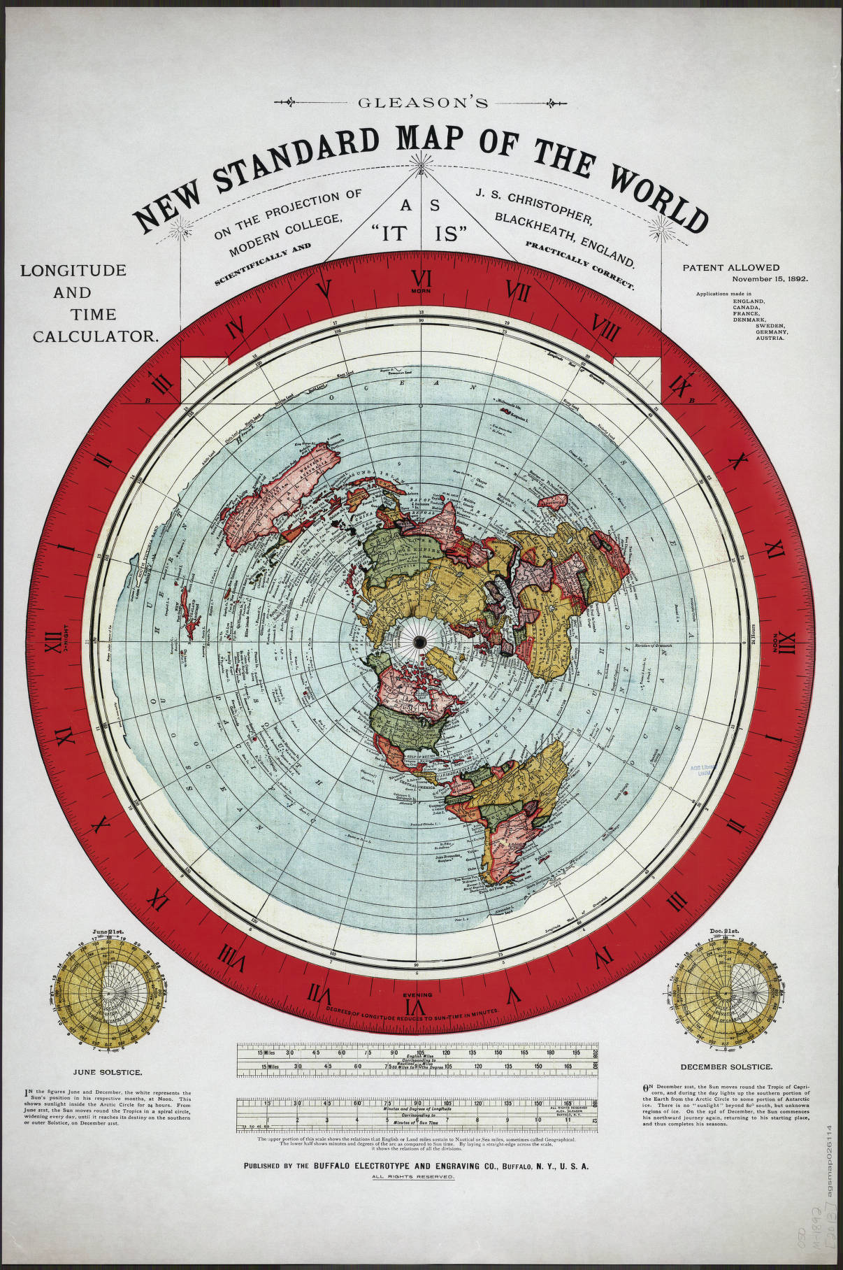 Gleason's New Standard Map of the World, a flat azimuthal-equidistant projection patented in 1893 by Alexander Gleason, a Seventh-day Adventist.