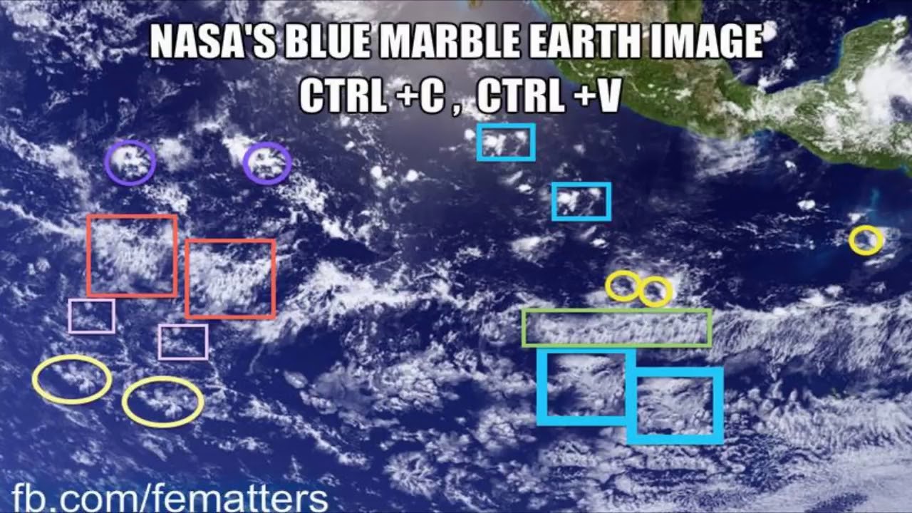 A NASA whole-earth image with duplicate, copy-and-paste cloud formations highlighted, betraying digital editing.