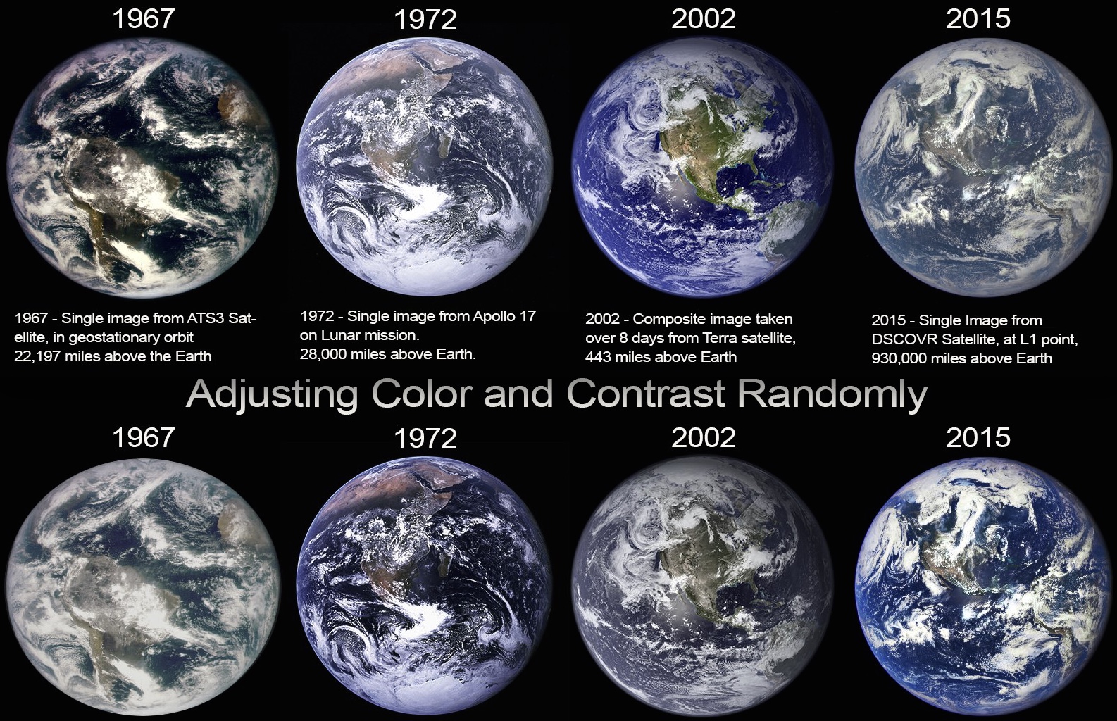 A comparison illustrating how the colour and contrast of NASA's official earth imagery has been adjusted between releases.