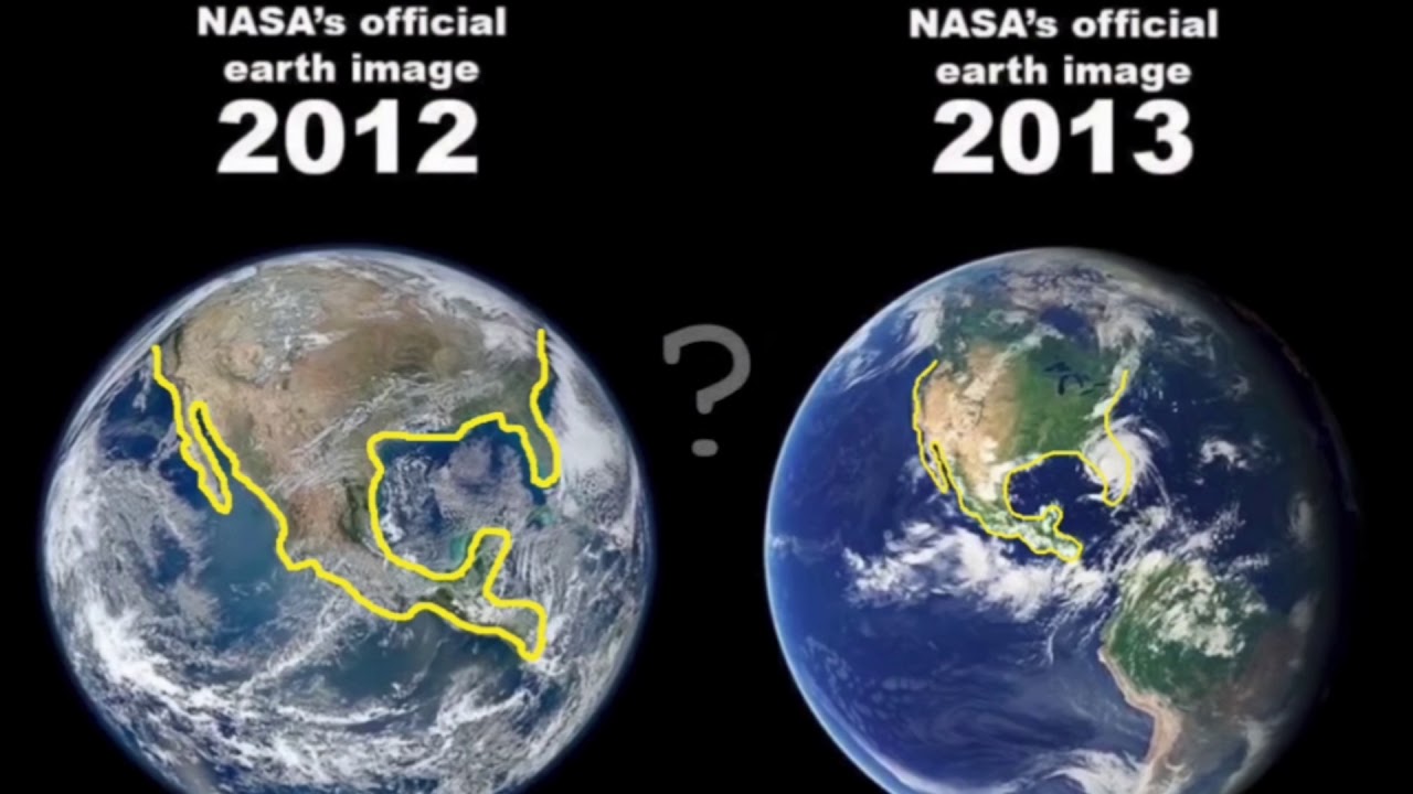 A side-by-side of NASA's 2012 and 2013 Blue Marble releases with the outline of North America highlighted at matching scale, showing the continent at a visibly different size between the two.