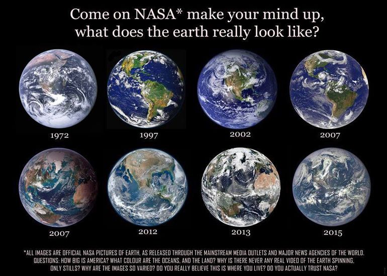 A panel of several official NASA whole-earth images released across the decades, showing visibly different sizes of the continents and different colourations of land and ocean.