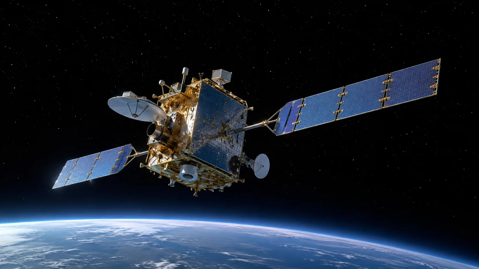 A polished rendering of a communications satellite alone above a curved earth.