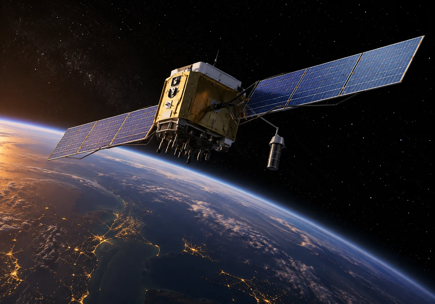 A rendering of a satellite over the night side of the earth.