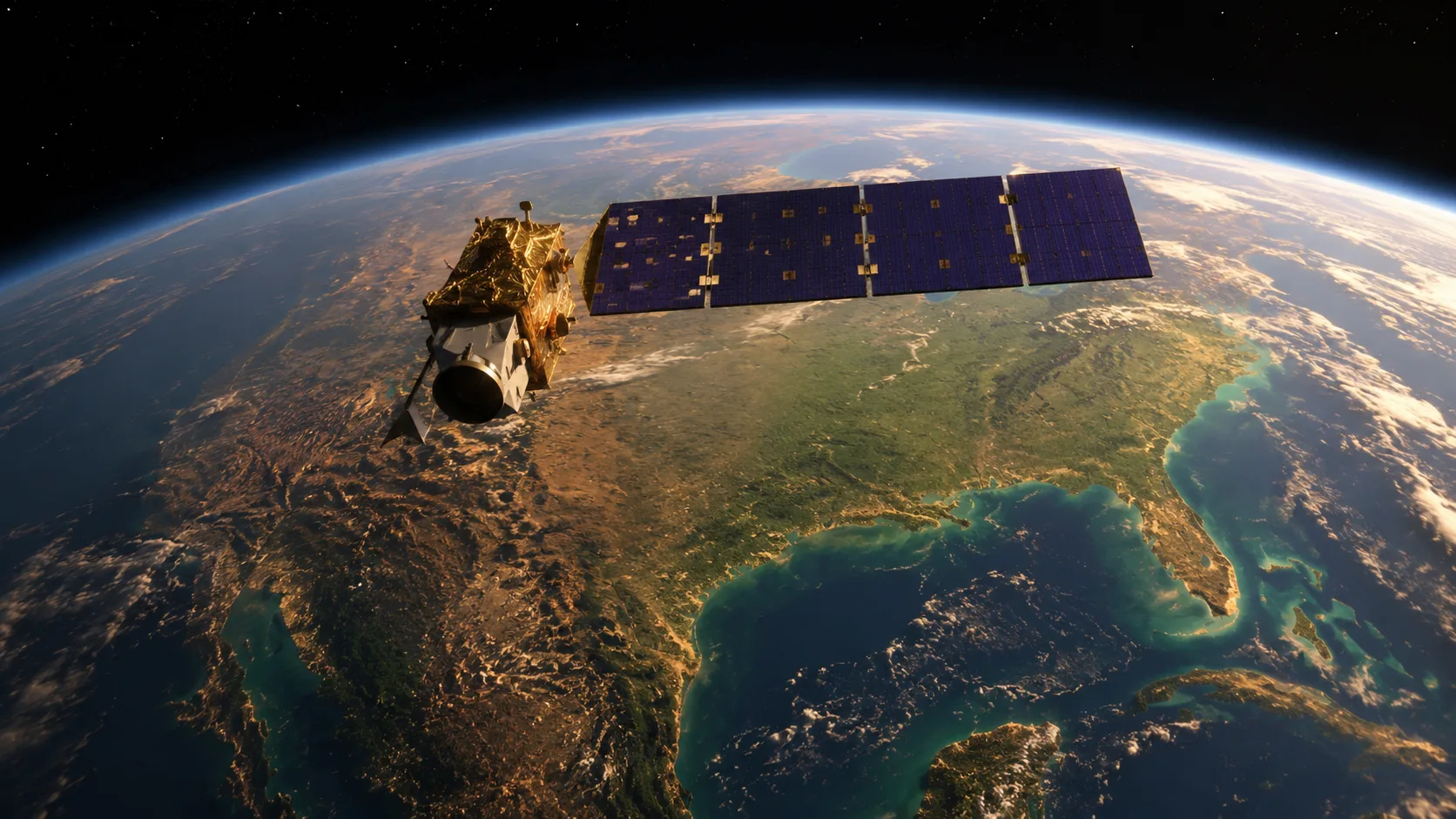 A rendering of an imaging satellite in three-quarter perspective.