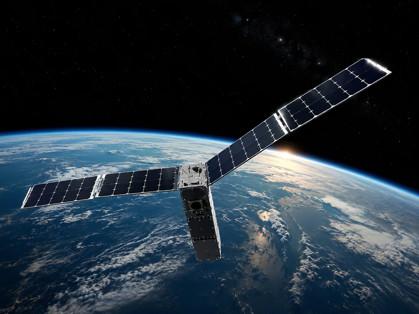 A rendering of a small CubeSat-style satellite above the earth.