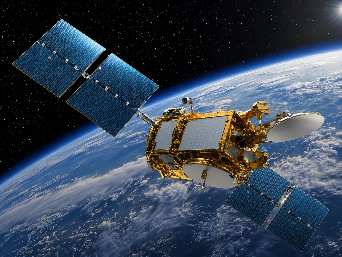 A rendering of a geostationary satellite high above the earth.