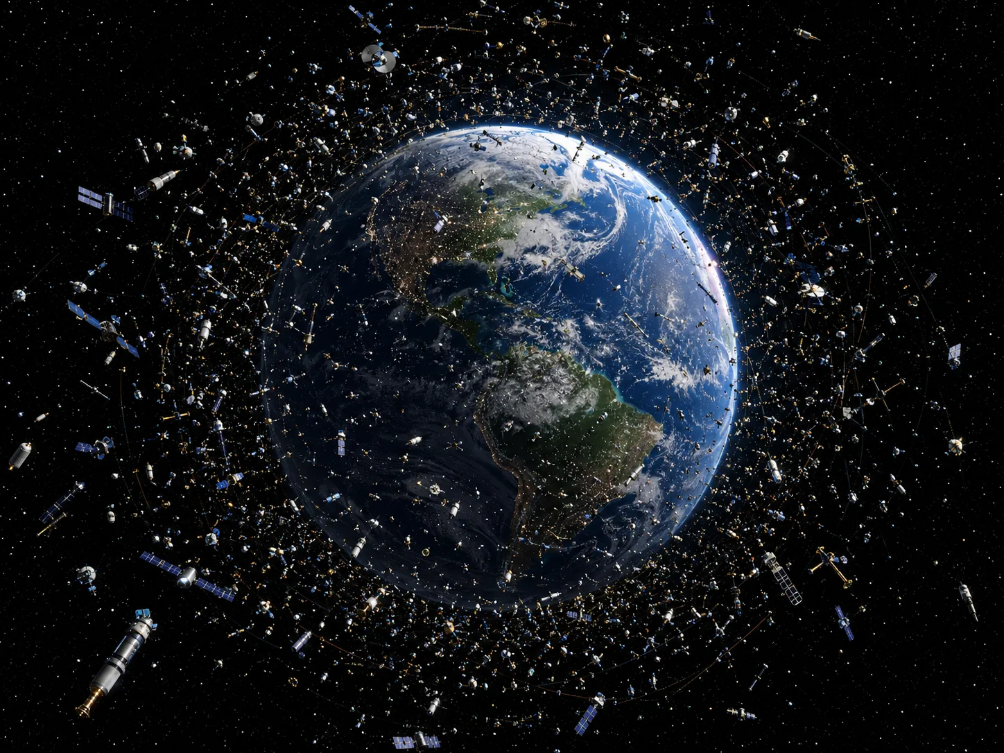 The official picture of near-earth space: a planet hemmed in by a dense field of operational satellites, dead satellites, spent rocket stages, and debris.